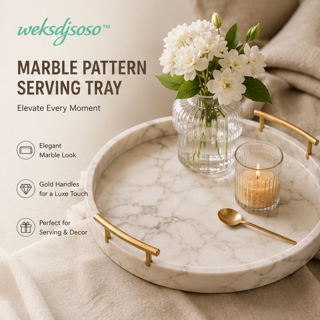 weksdjsoso™ Marble Pattern Serving Tray with Gold Handles