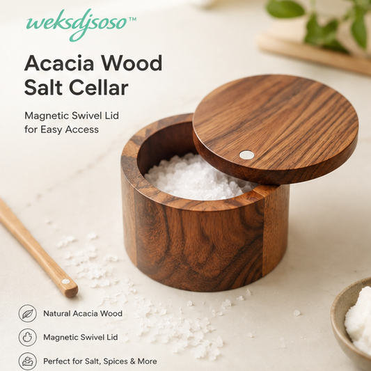 weksdjsoso™ Acacia Wood Salt Cellar with Magnetic Swivel Lid