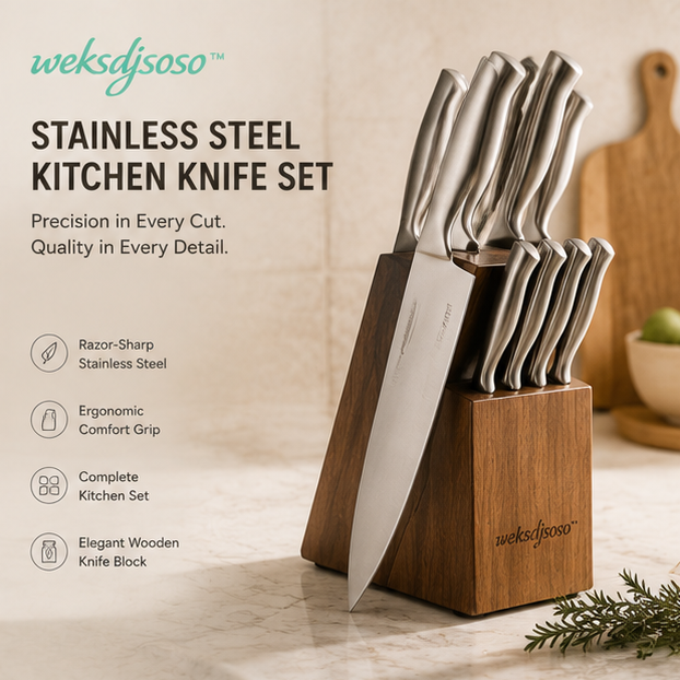 weksdjsoso™ Stainless Steel Kitchen Knife Set with Wooden Block