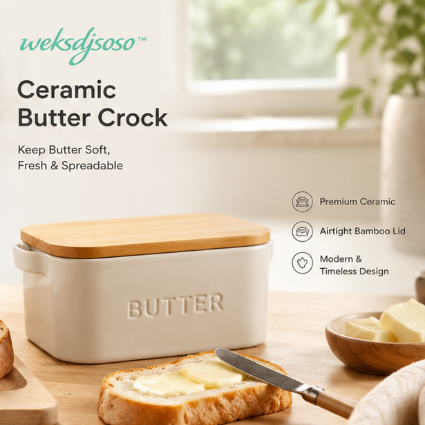 weksdjsoso™ Ceramic Butter Crock Keeper with Bamboo Lid